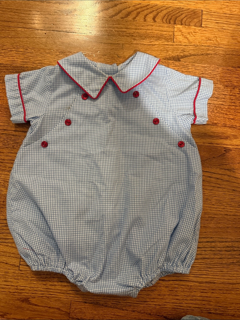 Little English Baby Blue Gingham Bubble with Red Piping 9M